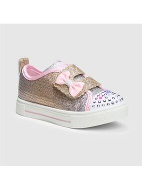 Skechers Kids Glitter Bow Slip-On Tennis Shoe Sneakers Gold & Pink Twinkle Toes